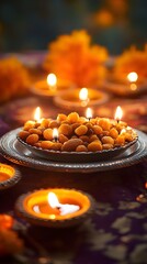 Obraz premium Diwali Festival Lights Candles Sweets Indian Culture Traditional Celebration