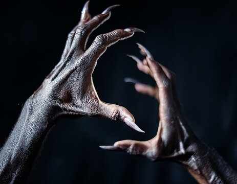 Closeup view of two female old scary mystic hands with long black nails on fingers of witch zomby demon or devil on halloween holiday character in studio indoor on dark background, square picture