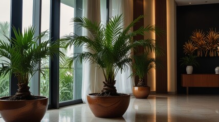 Three potted palm trees in a modern interior with large windows, white curtains, and a wooden console table.