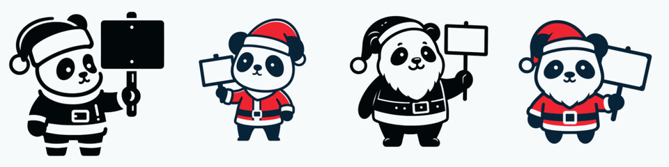 Fototapeta premium Four cute panda characters dressed as Santa, holding blank signs, perfect for holiday-themed designs and festive promotions.