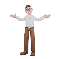 Animated Professional Sociologist. A male sociologist is standing with both hands raised to the side, as if looking for consideration. Male Professional