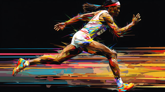 Digital painting of a runner running on colorful background with glitch effect. - Powered by Adobe