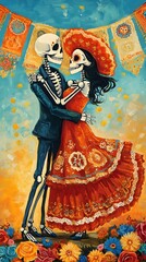 Fototapeta premium Day of the Dead Couple Dancing with Floral Decorations