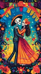 Fototapeta premium Day of the Dead Couple Dancing with Colorful Flowers and Flags