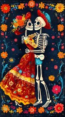 Fototapeta premium Day of the Dead Couple Sugar Skull Romance Mexican Folk Art Watercolor Painting