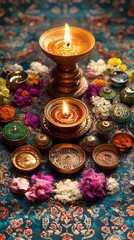 Candles Flowers and Golden Bowls on a Blue Fabric Background Indian Ceremony Decor
