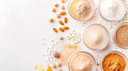 Different types of baking ingredients are neatly organized in glass jars on a clean surface, showcasing flours, grains, and nuts for culinary preparation