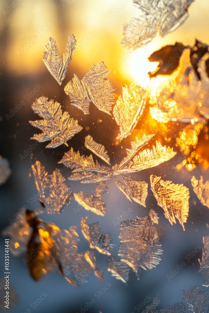 Poster beautiful frost patterns on a window frame with sunlight shining through at sunset in winter