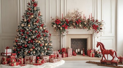 Christmas Tree Decorated with Red and Gold Ornaments Fireplace Mantle Gifts and Rocking