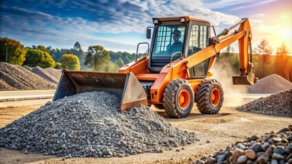 Close-up of a skid steer loader lifting gravel at a construction site