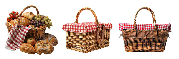 Picnic baskets with bread and fruits, isolated on white background