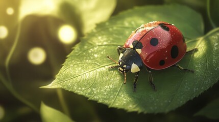 Ladybug on Leaf Close Up, Nature Photography, Ladybird Insect On Green Leaf, Sunlight, Macro Nature Art