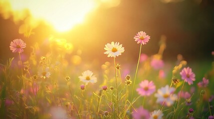Fototapeta premium Gentle Sunrise Over a Vibrant Flower Field