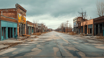 Obraz premium A ghost town with crumbling storefronts and an air of desolation.