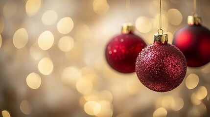 Fototapeta premium Red Christmas Ornaments with Gold Bokeh Lights Background