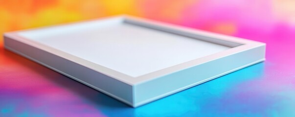 Closeup of a white frame mockup on a vibrant background, bright lighting, ultrarealistic detail of frame edges and blank design canvas