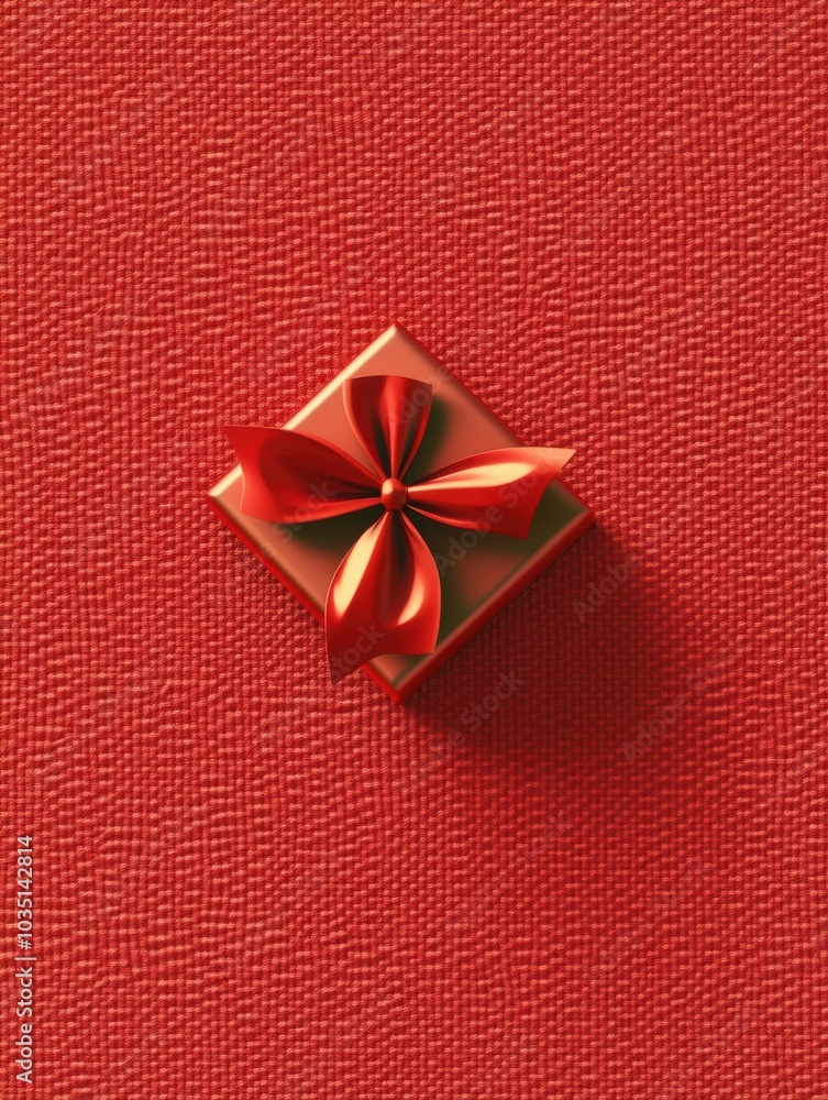 Poster this setting features a small gift box adorned with a vibrant red bow against a textured light red b