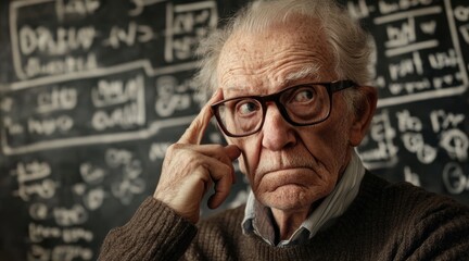 An elderly professor in deep thought, stands in front of a chalkboard covered with mathematical equations.