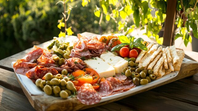 A classic Italian antipasto platter loaded with cured meats, olives, marinated vegetables