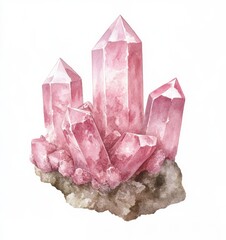 Pink crystal formation with sharp facets on a rock base against a white background
