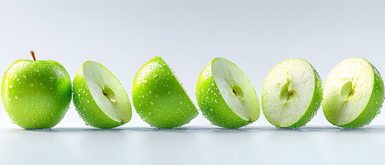 Apple Slices Symphony: A vibrant close-up of thinly sliced red apples, arranged in an aesthetically pleasing pattern, showcasing their juicy texture and bright color. Perfect for food blogs.