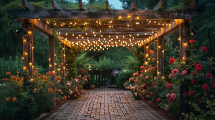 Romantic Garden Path with String Lights and Flowers