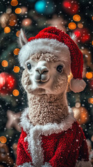 Xmas vibes - christmas mood - happy funny cute llama alpaca wearing santa claus hat in front of...