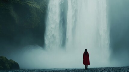 Obraz premium Majestic Waterfall with Woman in Red Cloak