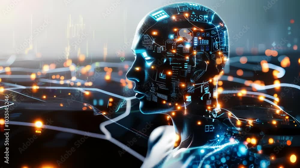 Poster futuristic ai technology concept: digital human profile with smart network connections and glowing d