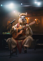 llama character singing at an open mic