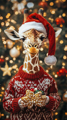 Xmas vibes - christmas mood - happy funny cute giraffe wearing santa claus hat in front of...