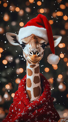 Xmas vibes - christmas mood - happy funny cute giraffe wearing santa claus hat in front of...