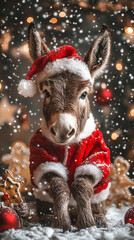 Xmas vibes - christmas mood - happy funny cute donkey wearing santa claus hat in front of christmas tree. Vertical banner for instagram story, reel or tiktok