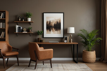 Contemporary Living Room Design Stylish Mock-Up Frame Above a Cozy Brown Sofa