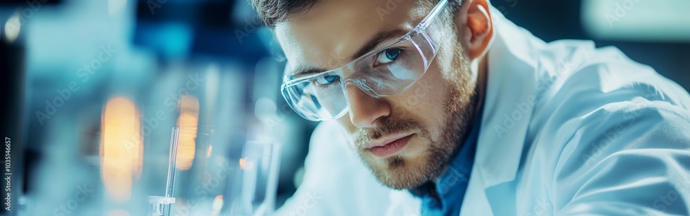Poster focused scientist conducting experiments in a modern laboratory setting with glassware and equipment
