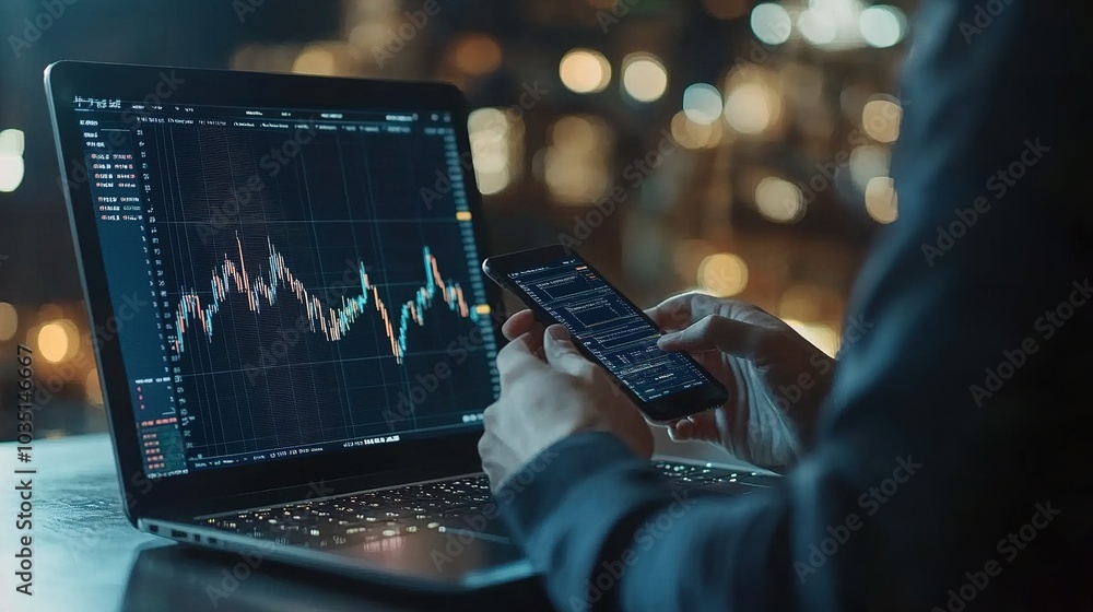 Poster data analysis on laptop with mobile device in use