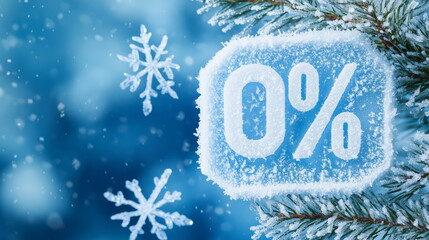 Blue frosty sign of zero percent at snowflakes background. Credit bank interest rate concept