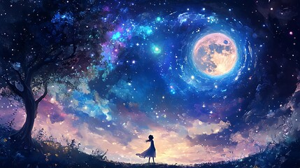 Background image: A silhouette of a person standing and looking at the moon and stars in the sky.