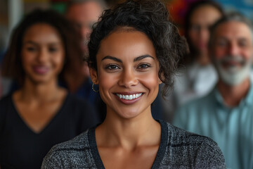 Obraz premium people of ai // divers group with multiethnic woman smiling in front, co workers in background, diversity, photorealistic