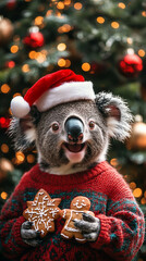 Xmas vibes - christmas mood - happy funny cute koala bear wearing santa claus hat in front of...