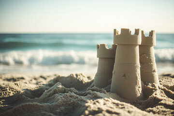 Selective focus sand castle on the beach, Sand castle with sea wave view on the beach.