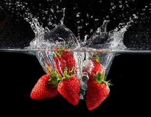 Strawberries splashing into water on a black background