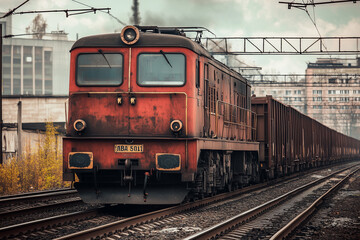 Obraz premium Selective focus dirty red train with coal from mining, Train with coal container on railway.