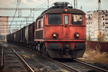 Obraz premium Selective focus dirty red train with coal from mining, Train with coal container on railway.