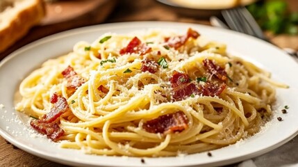 A classic plate of spaghetti carbonara with creamy egg sauce, crispy bacon, and grated parmesan cheese