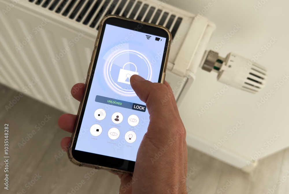 Poster controlling radiator heating temperature with a smart phone, close-up with radiator on the backgroun