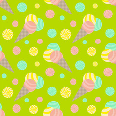 Tasty ice cream flat cartoon seamless pattern on bright background. Vector illustration. Sweet sticker for street food, confectionery, bar, restaurants, snacks.