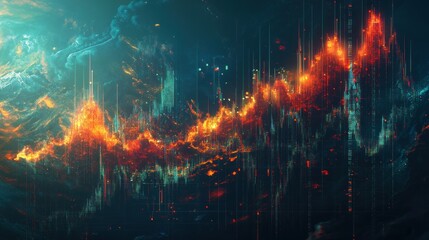Abstract digital artwork depicting a fiery and energetic scene with vibrant orange and blue hues, resembling a fusion of technological elements and natural phenomena.