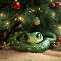 Fototapeta premium 3d funny, cartoon green snake under a decorated New Year tree close-up. Symbol of the New Year. Cheerful character, illustration, fashionable print, decor, design for print.