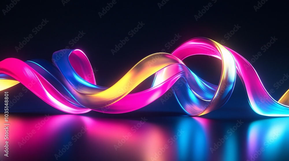 Poster colorful neon light waves undulating in a dynamic motion against a dark background, creating an eye-